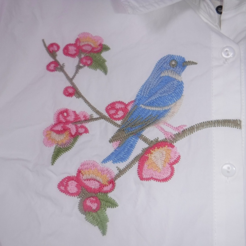 Paparazzi White Embroidered Bluebird Floral Button Down Shirt XL Roll Tab Sleeve - Picture 3 of 10